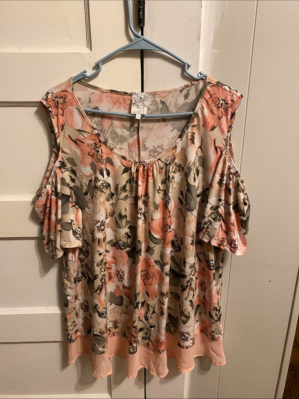 NAIF Peach and Cream Floral Cold-Shoulder Blouse